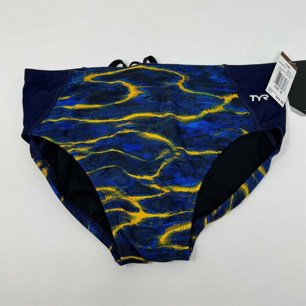 TYR Lambent Racer Swim Brief Men's Navy/Gold Chlorine-Resistant Size 38